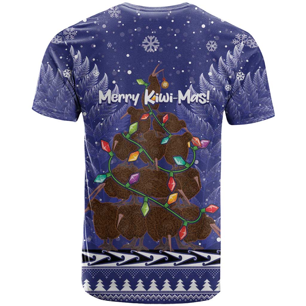 Kiwi New Zealand Christmas T Shirt Meri Kirihimete Silver Fern - Blue Color