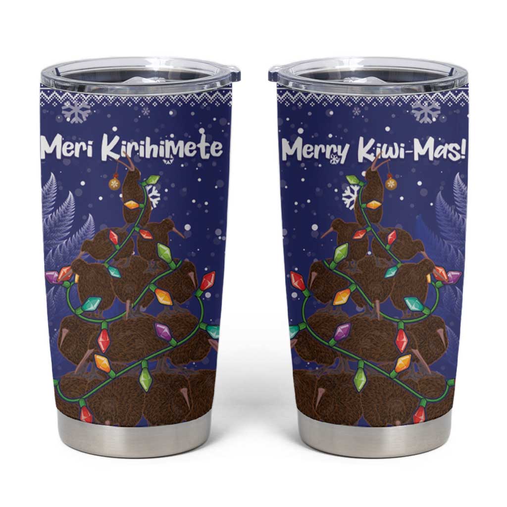 Kiwi New Zealand Christmas Tumbler Cup Meri Kirihimete Silver Fern - Blue Color