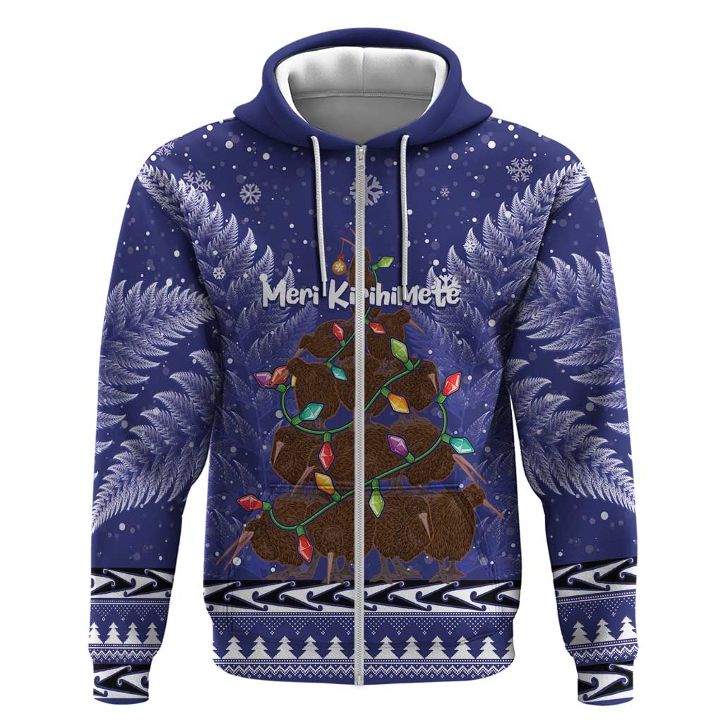 Kiwi New Zealand Christmas Zip Hoodie Meri Kirihimete Silver Fern - Blue Color LT14 Zip Hoodie Blue - Polynesian Pride