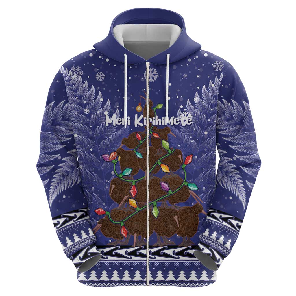 Kiwi New Zealand Christmas Zip Hoodie Meri Kirihimete Silver Fern - Blue Color LT14 - Polynesian Pride
