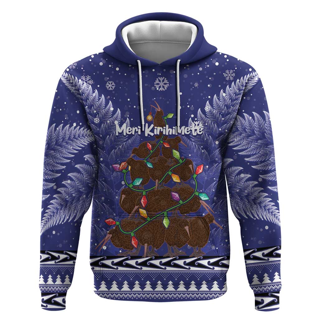 Kiwi New Zealand Christmas Zip Hoodie Meri Kirihimete Silver Fern - Blue Color LT14 Pullover Hoodie Blue - Polynesian Pride