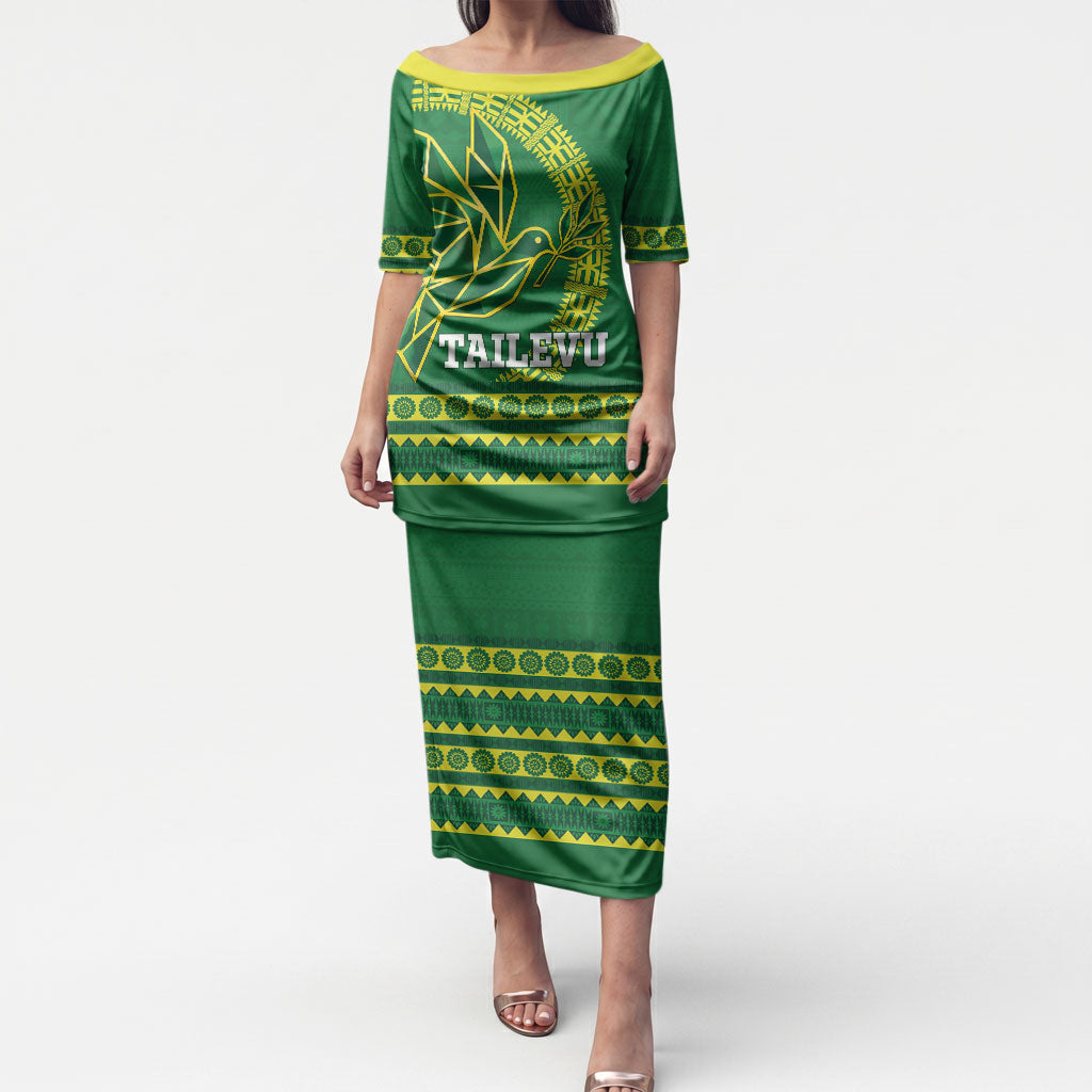 Fiji Tailevu Rugby Personalised Puletasi Go Dove Nation Fijian Tapa LT14 Long Dress Green - Polynesian Pride