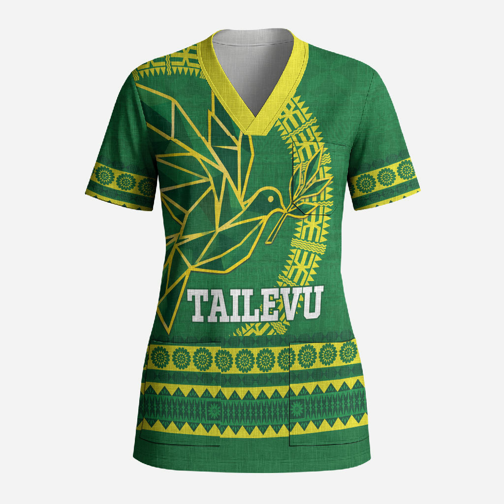 Fiji Tailevu Rugby Personalised Scrub Top Go Dove Nation Fijian Tapa LT14 Adult Green - Polynesian Pride
