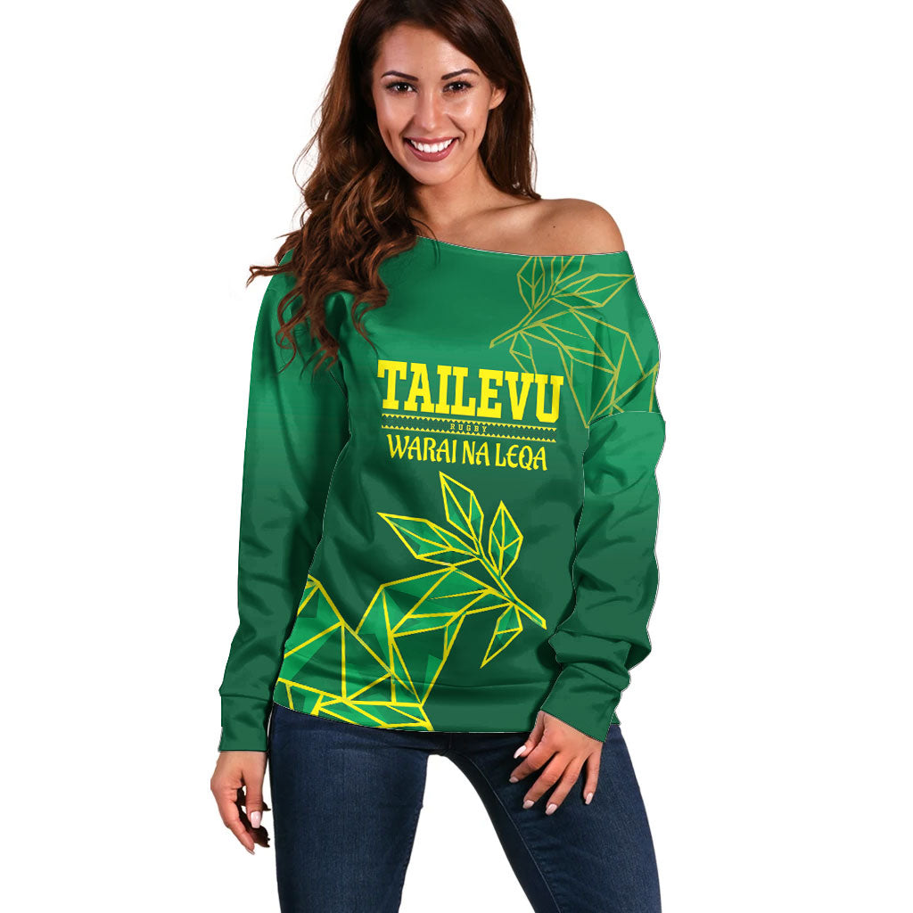 Fiji Tailevu Rugby Custom Off Shoulder Sweater Warai Na Leqa LT14 Women Green - Polynesian Pride