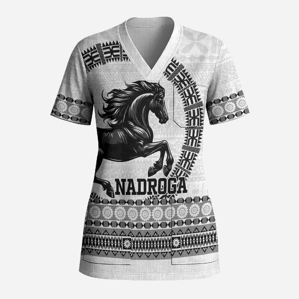 Fiji Nadroga Rugby Personalised Scrub Top Go Stallions Fijian Tapa LT14 Adult White - Polynesian Pride