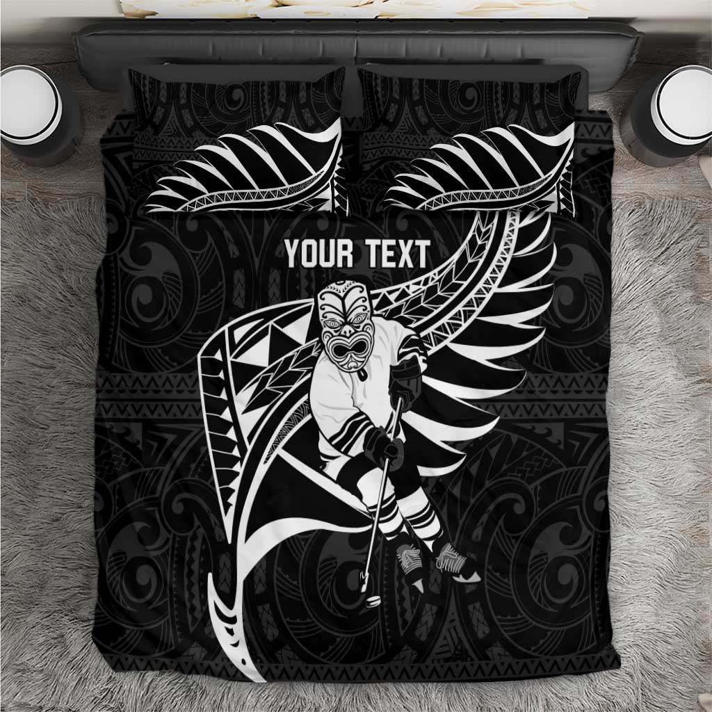 Custom Aotearoa Ice Hockey Bedding Set NZ Tiki Mascot - Maori Pattern LT14 Black - Polynesian Pride
