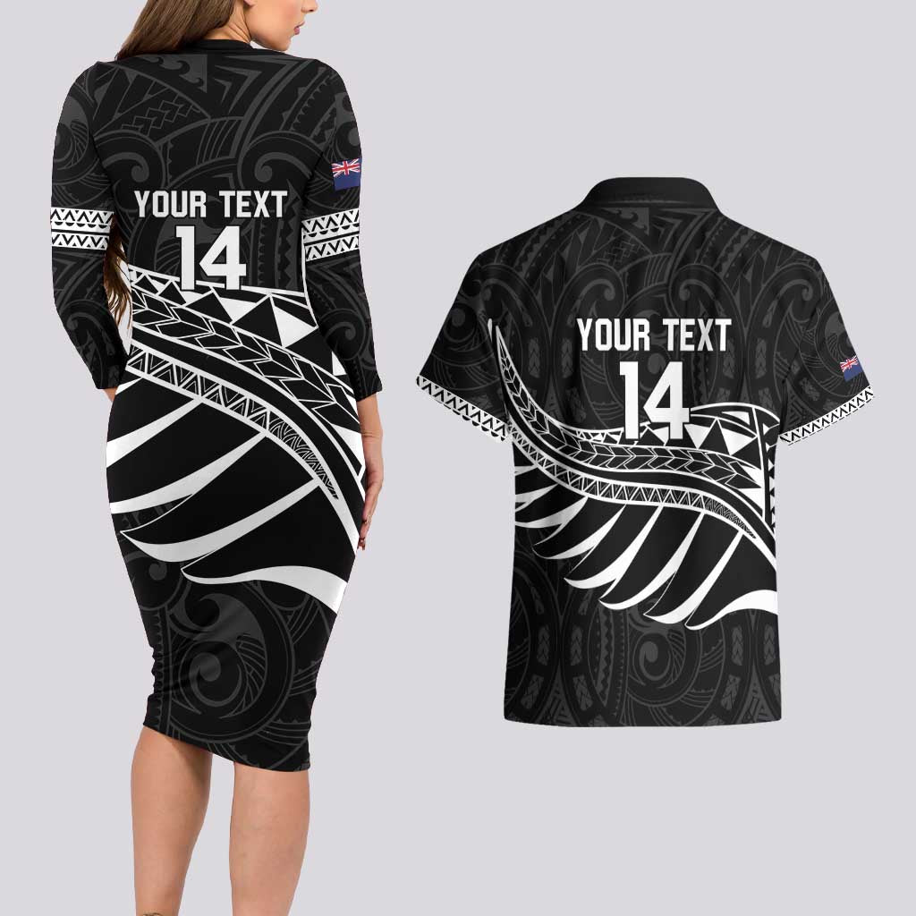 Custom Aotearoa Ice Hockey Couples Matching Long Sleeve Bodycon Dress and Hawaiian Shirt NZ Tiki Mascot - Maori Pattern