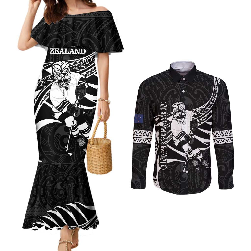 Custom Aotearoa Ice Hockey Couples Matching Mermaid Dress and Long Sleeve Button Shirt NZ Tiki Mascot - Maori Pattern