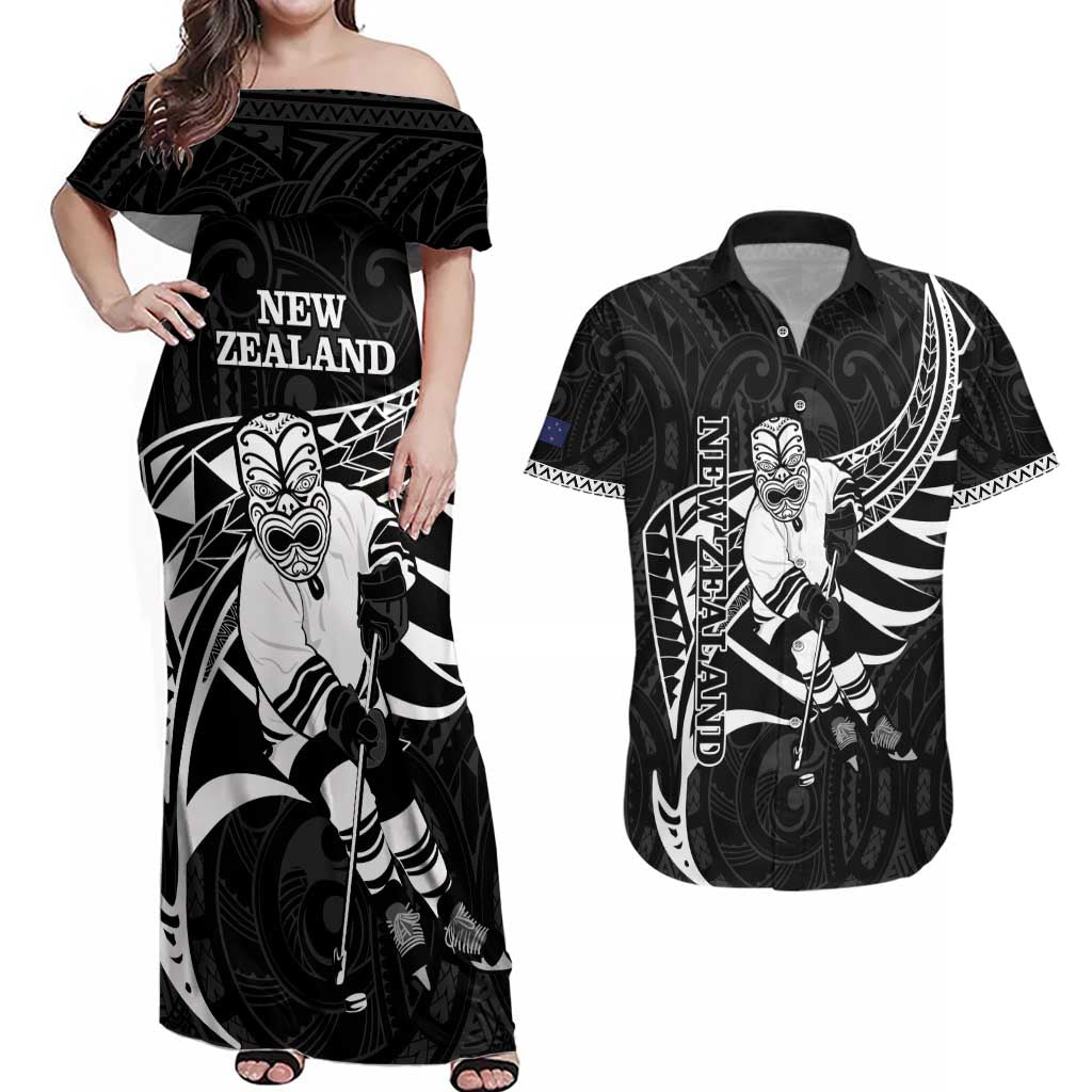 Custom Aotearoa Ice Hockey Couples Matching Off Shoulder Maxi Dress and Hawaiian Shirt NZ Tiki Mascot - Maori Pattern