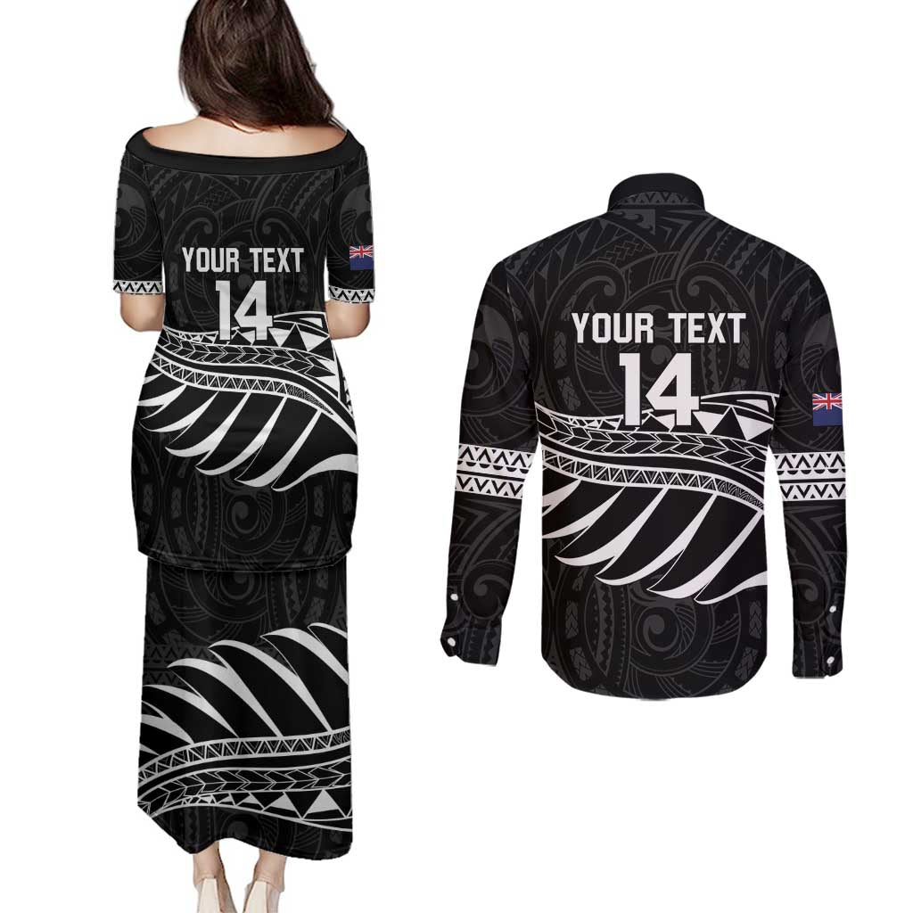 Custom Aotearoa Ice Hockey Couples Matching Puletasi and Long Sleeve Button Shirt NZ Tiki Mascot - Maori Pattern