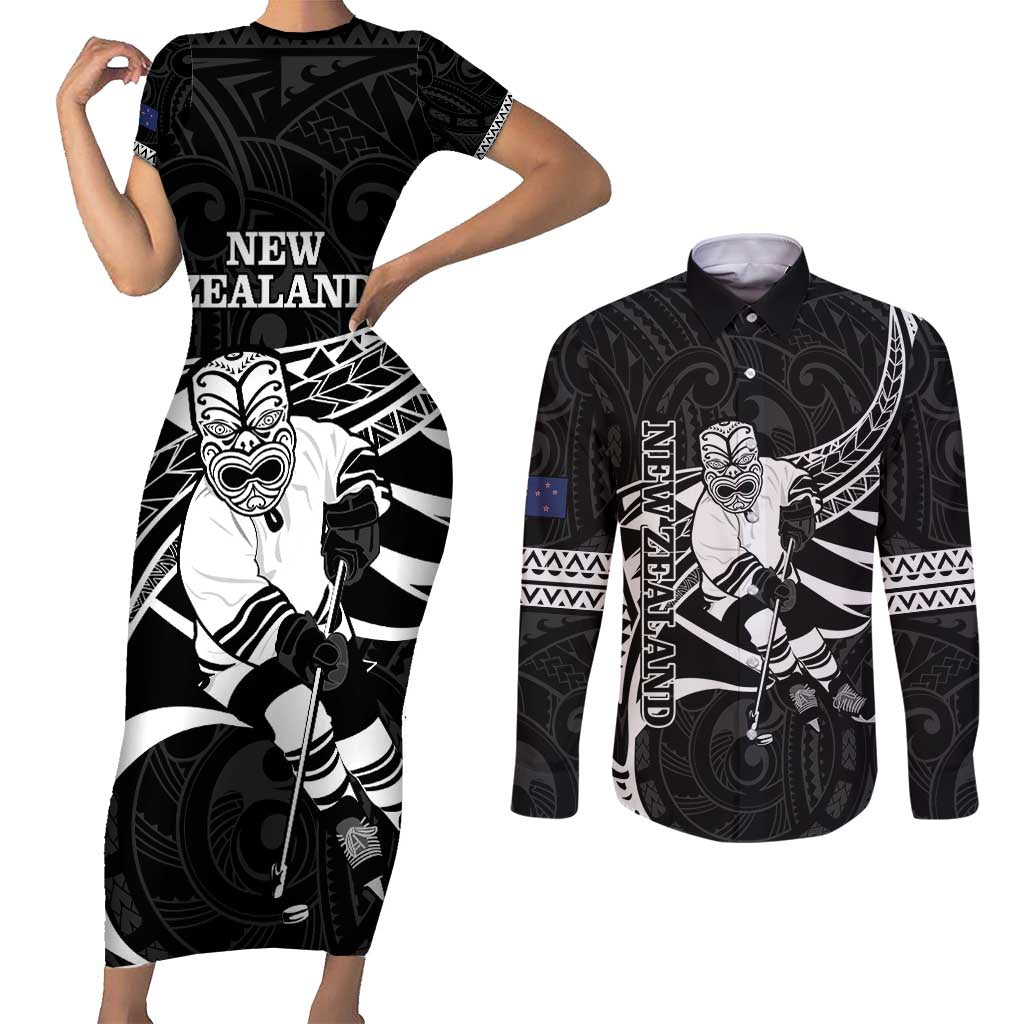 Custom Aotearoa Ice Hockey Couples Matching Short Sleeve Bodycon Dress and Long Sleeve Button Shirt NZ Tiki Mascot - Maori Pattern