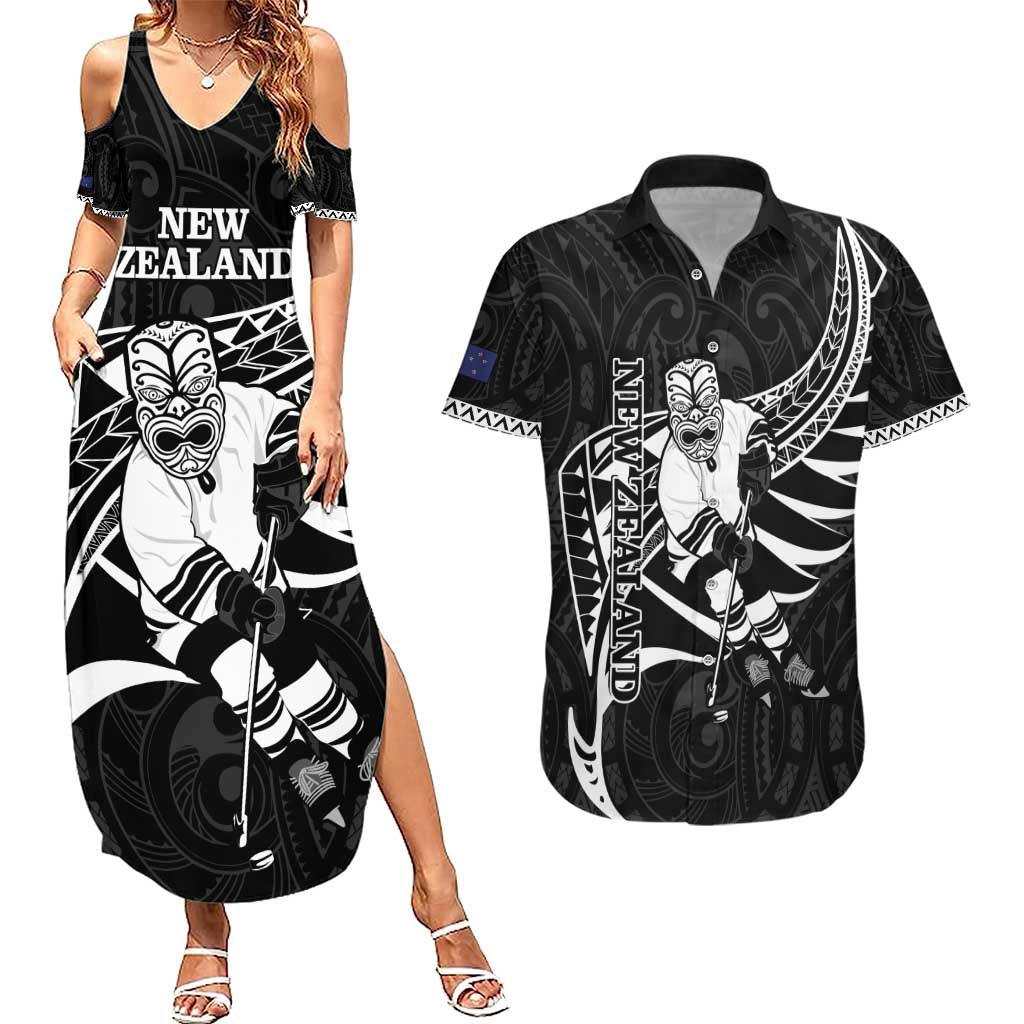 Custom Aotearoa Ice Hockey Couples Matching Summer Maxi Dress and Hawaiian Shirt NZ Tiki Mascot - Maori Pattern