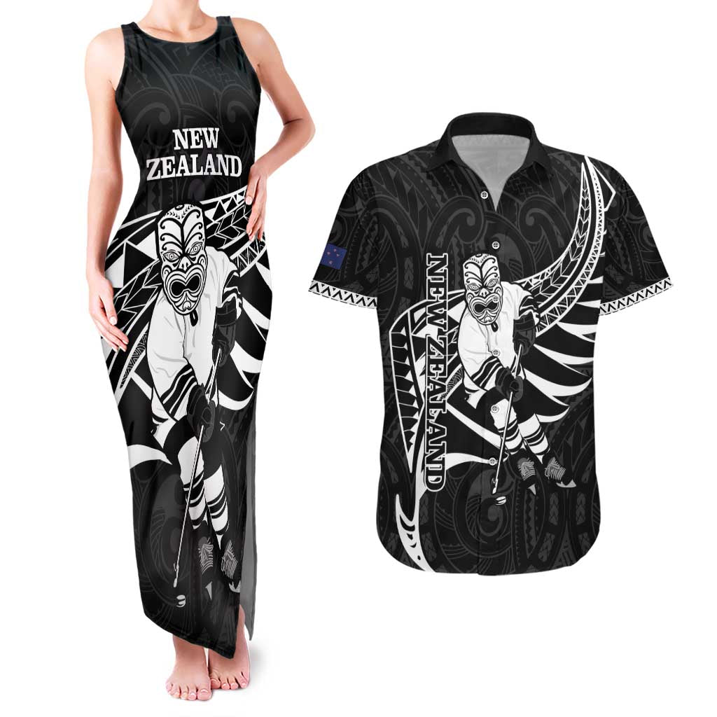 Custom Aotearoa Ice Hockey Couples Matching Tank Maxi Dress and Hawaiian Shirt NZ Tiki Mascot - Maori Pattern