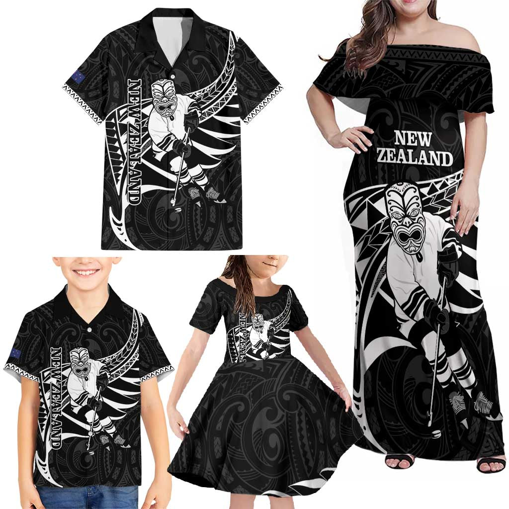 Custom Aotearoa Ice Hockey Family Matching Off Shoulder Maxi Dress and Hawaiian Shirt NZ Tiki Mascot - Maori Pattern