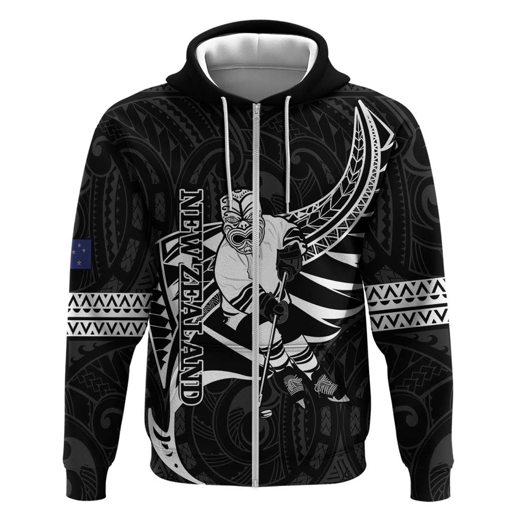 Custom Aotearoa Ice Hockey Zip Hoodie NZ Tiki Mascot - Maori Pattern