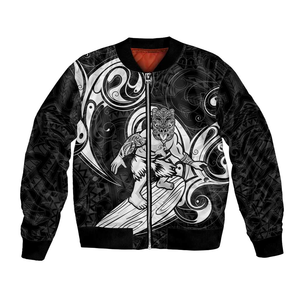 Personalised New Zealand Surfing Bomber Jacket Aotearoa Maori Tiki Haka LT14 Unisex Black - Polynesian Pride
