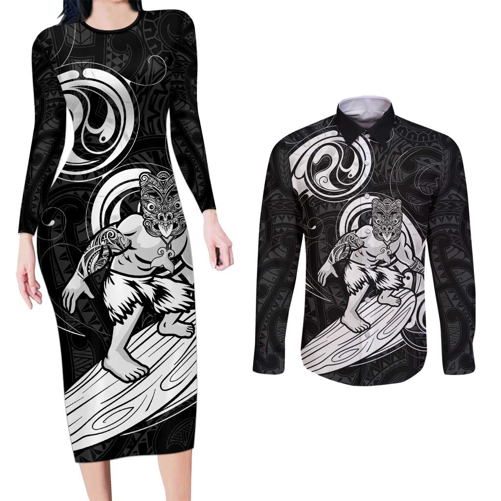 Personalised New Zealand Surfing Couples Matching Long Sleeve Bodycon Dress and Long Sleeve Button Shirt Aotearoa Maori Tiki Haka