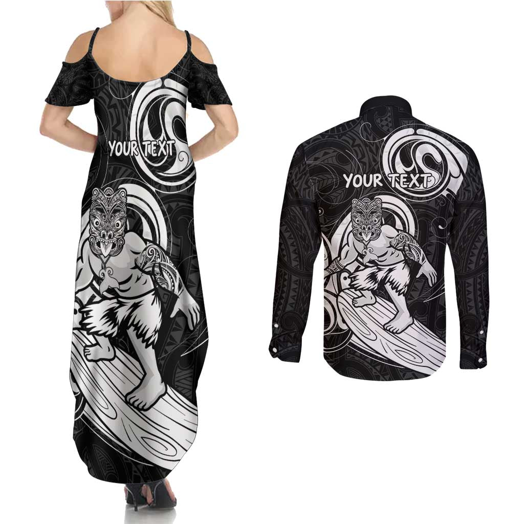 Personalised New Zealand Surfing Couples Matching Summer Maxi Dress and Long Sleeve Button Shirt Aotearoa Maori Tiki Haka