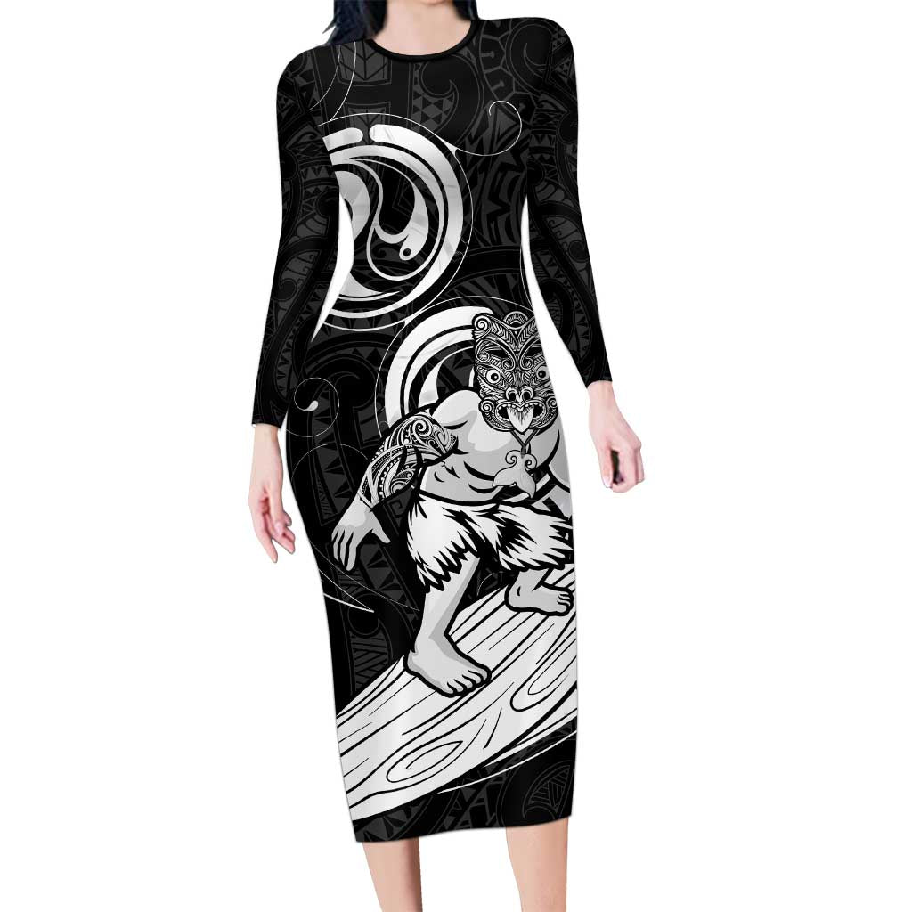 Personalised New Zealand Surfing Long Sleeve Bodycon Dress Aotearoa Maori Tiki Haka LT14 Long Dress Black - Polynesian Pride