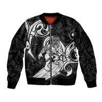Personalised New Zealand Surfing Sleeve Zip Bomber Jacket Aotearoa Maori Tiki Haka LT14 Unisex Black - Polynesian Pride
