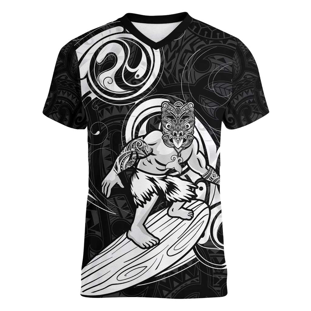 Personalised New Zealand Surfing Women V-Neck T-Shirt Aotearoa Maori Tiki Haka LT14 Female Black - Polynesian Pride