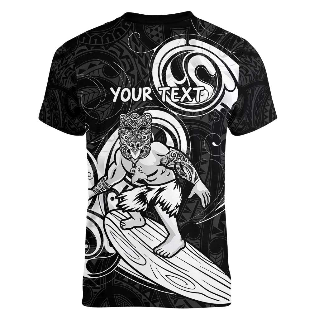 Personalised New Zealand Surfing Women V-Neck T-Shirt Aotearoa Maori Tiki Haka LT14 - Polynesian Pride