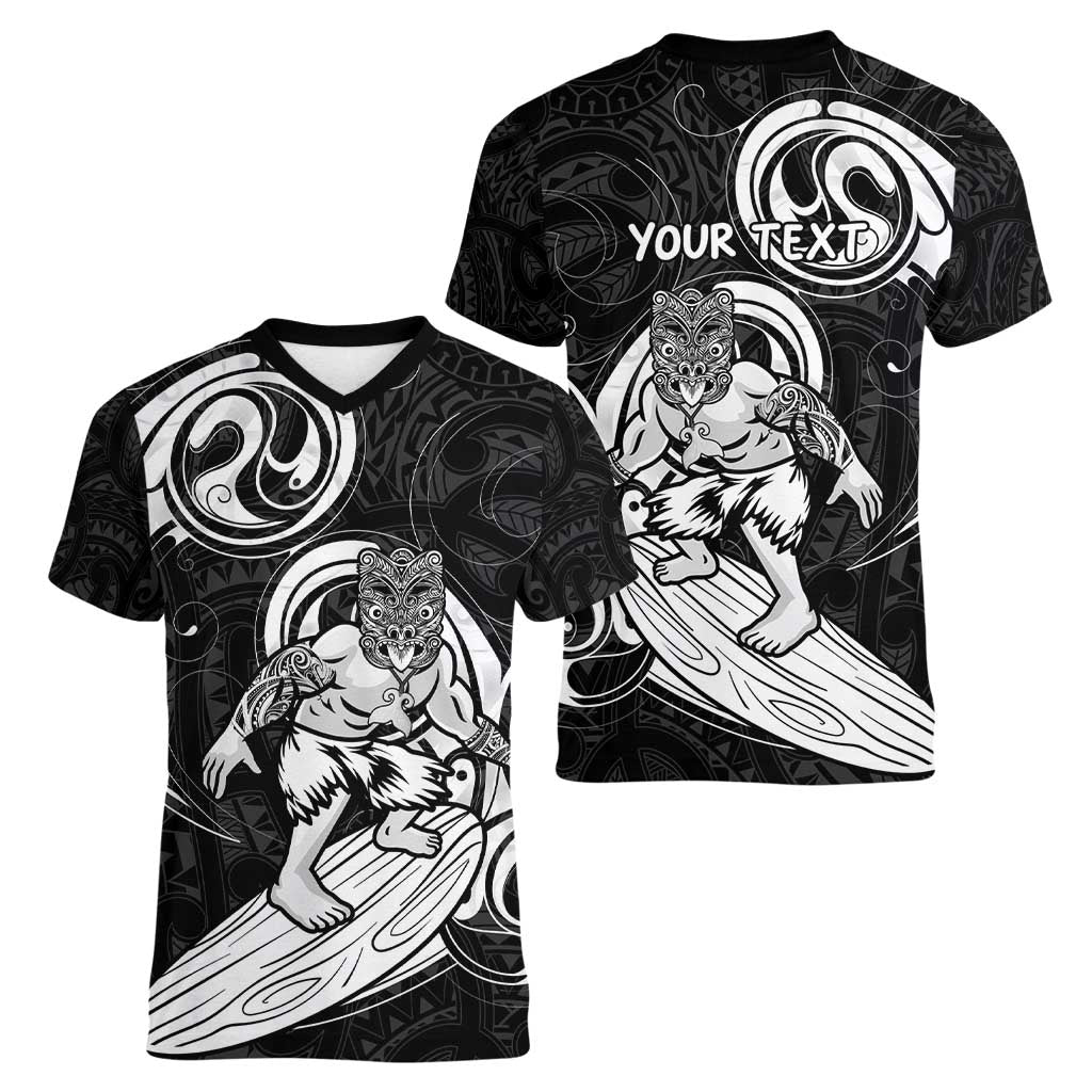 Personalised New Zealand Surfing Women V-Neck T-Shirt Aotearoa Maori Tiki Haka LT14 - Polynesian Pride
