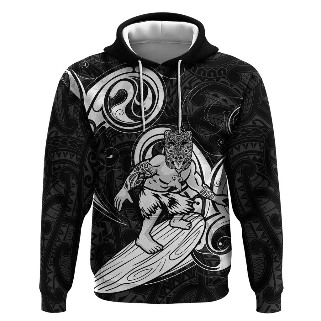 Personalised New Zealand Surfing Zip Hoodie Aotearoa Maori Tiki Haka LT14 Pullover Hoodie Black - Polynesian Pride