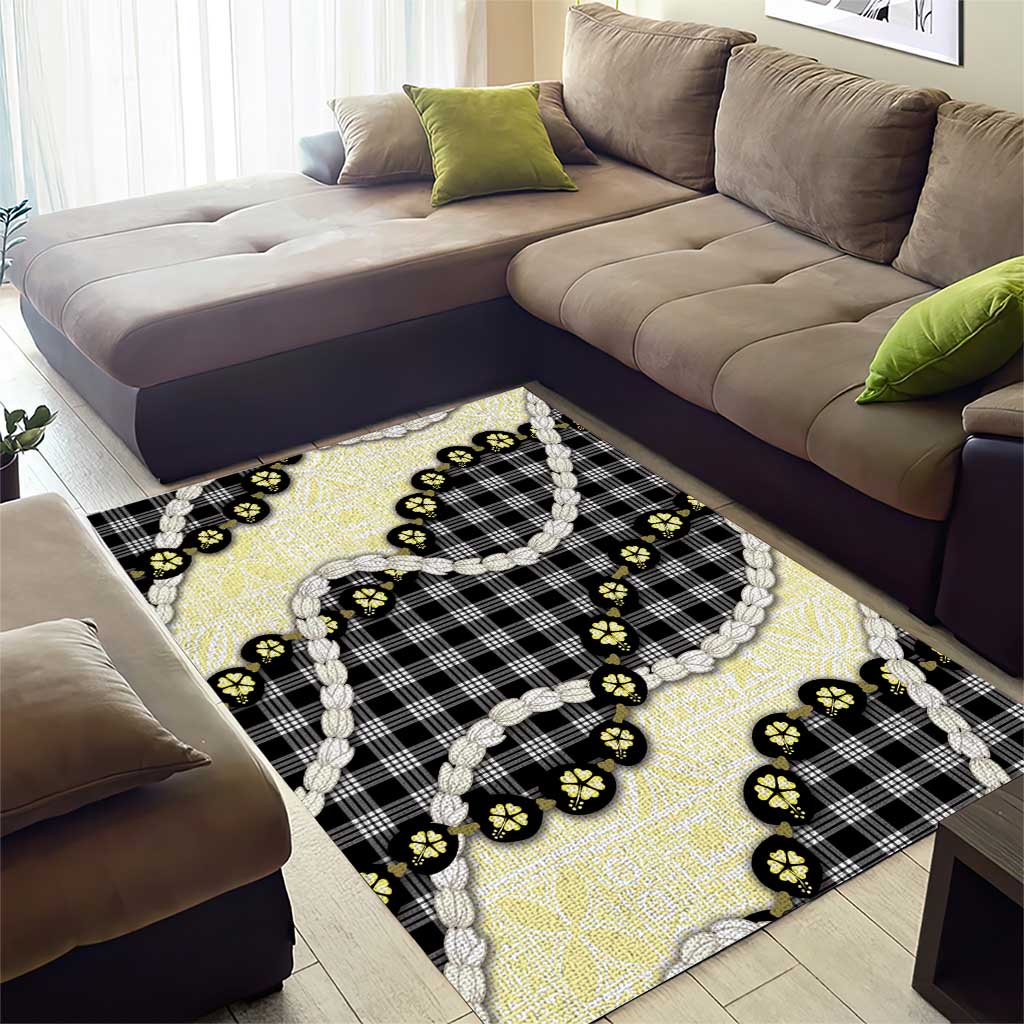 Black Palaka Hawaii Area Rug Kukui Nut Pikake Lei Hawaiian Tapa Pattern - Polynesian Pride