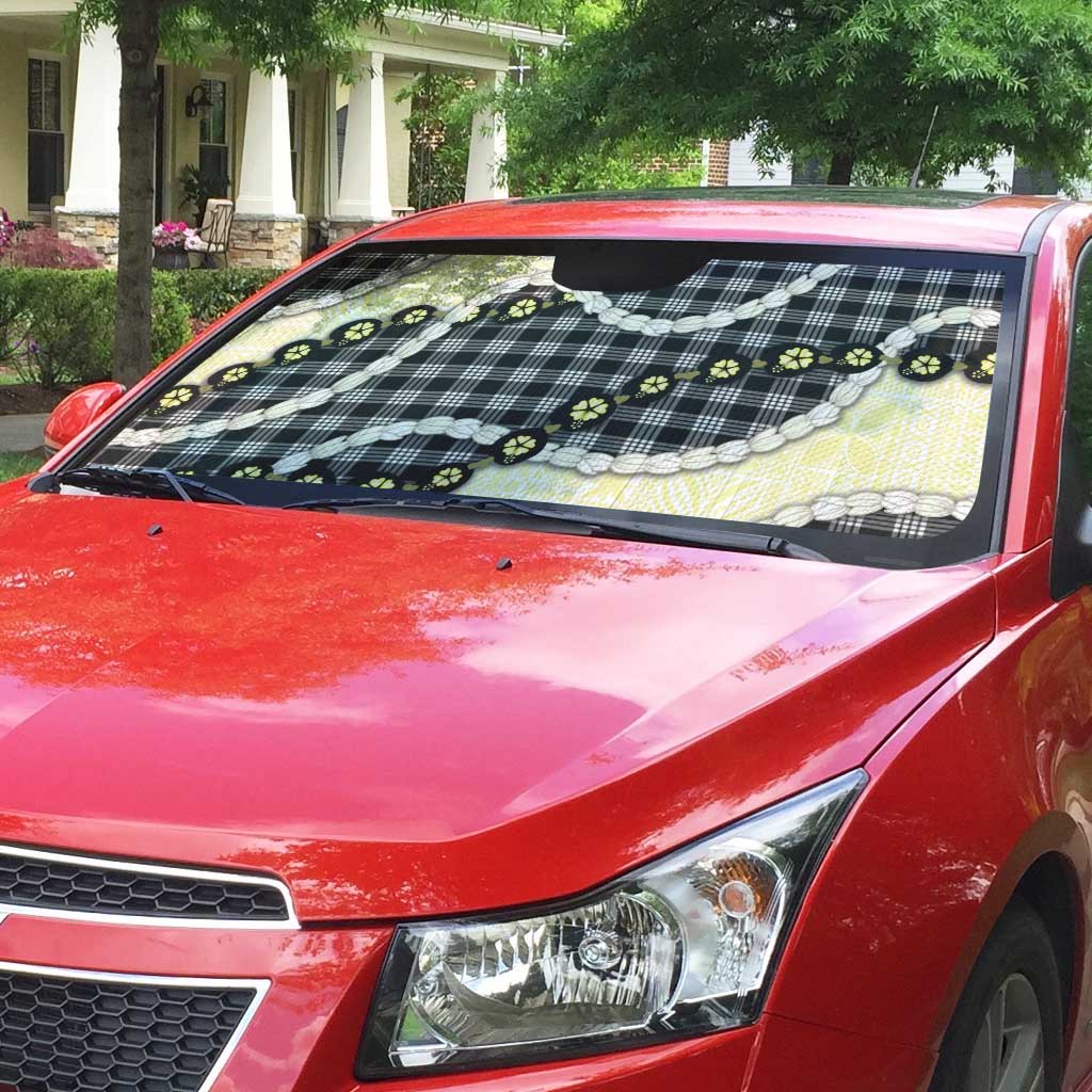 Black Palaka Hawaii Auto Sun Shade Kukui Nut Pikake Lei Hawaiian Tapa Pattern - Polynesian Pride