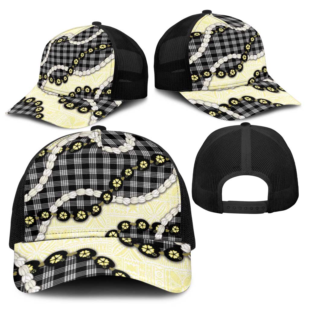 Black Palaka Hawaii Baseball Net Cap Kukui Nut Pikake Lei Hawaiian Tapa Pattern - Polynesian Pride