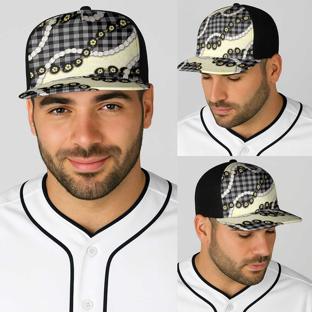 Black Palaka Hawaii Baseball Net Cap Kukui Nut Pikake Lei Hawaiian Tapa Pattern - Polynesian Pride