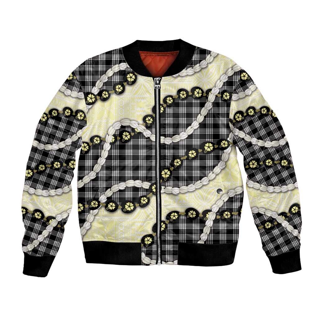 Black Palaka Hawaii Bomber Jacket Kukui Nut Pikake Lei Hawaiian Tapa Pattern - Polynesian Pride