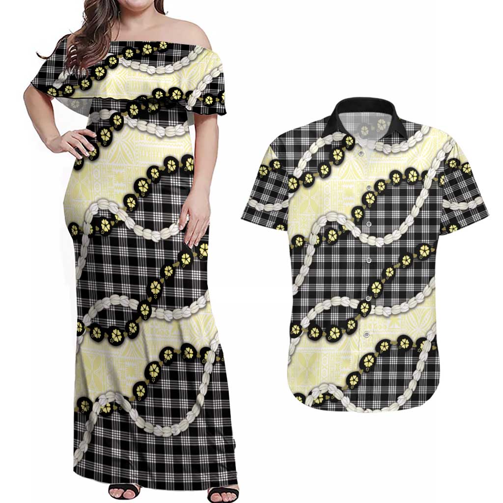 Black Palaka Hawaii Couples Matching Off Shoulder Maxi Dress and Hawaiian Shirt Kukui Nut Pikake Lei Hawaiian Tapa Pattern - Polynesian Pride