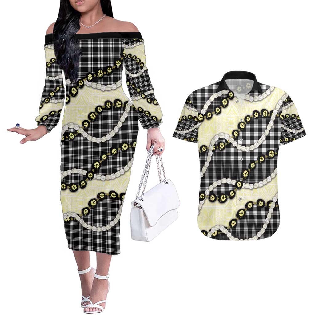 Black Palaka Hawaii Couples Matching Off The Shoulder Long Sleeve Dress and Hawaiian Shirt Kukui Nut Pikake Lei Hawaiian Tapa Pattern - Polynesian Pride