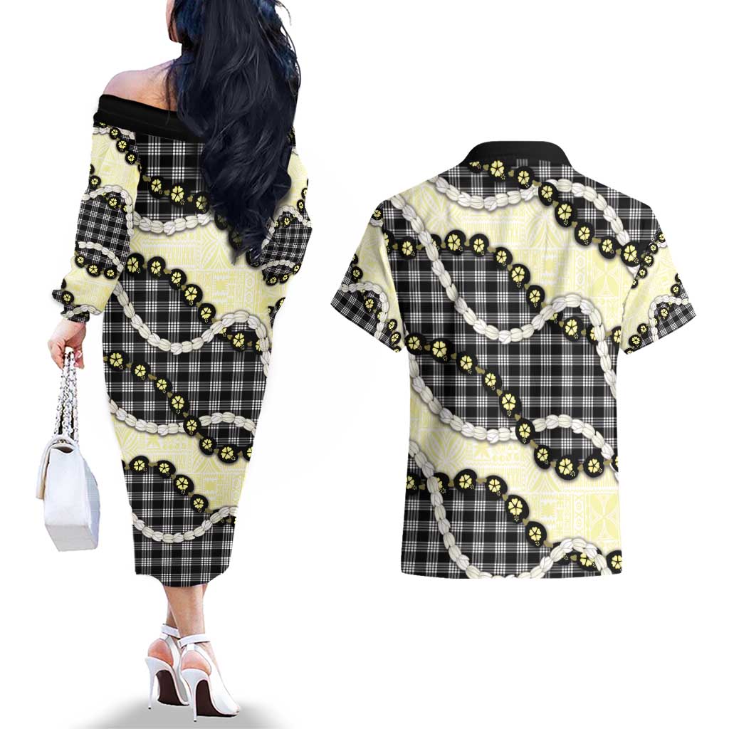 Black Palaka Hawaii Couples Matching Off The Shoulder Long Sleeve Dress and Hawaiian Shirt Kukui Nut Pikake Lei Hawaiian Tapa Pattern - Polynesian Pride