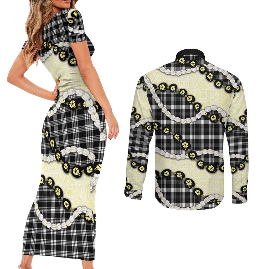 Black Palaka Hawaii Couples Matching Short Sleeve Bodycon Dress and Long Sleeve Button Shirt Kukui Nut Pikake Lei Hawaiian Tapa Pattern - Polynesian Pride