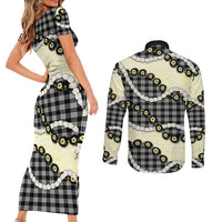 Black Palaka Hawaii Couples Matching Short Sleeve Bodycon Dress and Long Sleeve Button Shirt Kukui Nut Pikake Lei Hawaiian Tapa Pattern - Polynesian Pride