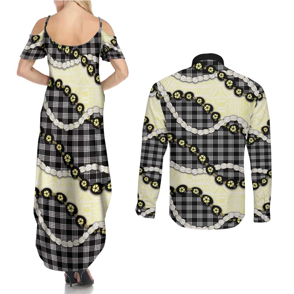 Black Palaka Hawaii Couples Matching Summer Maxi Dress and Long Sleeve Button Shirt Kukui Nut Pikake Lei Hawaiian Tapa Pattern - Polynesian Pride