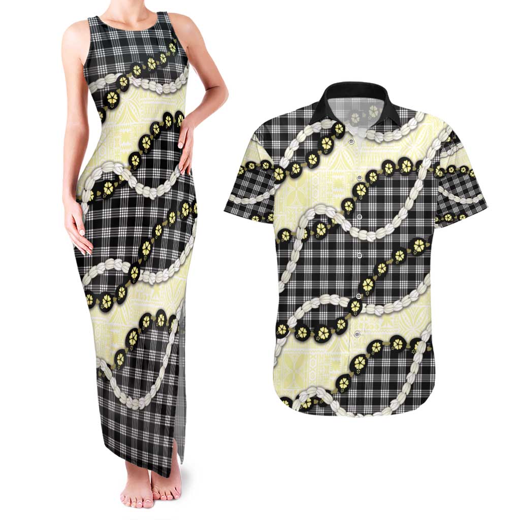 Black Palaka Hawaii Couples Matching Tank Maxi Dress and Hawaiian Shirt Kukui Nut Pikake Lei Hawaiian Tapa Pattern - Polynesian Pride