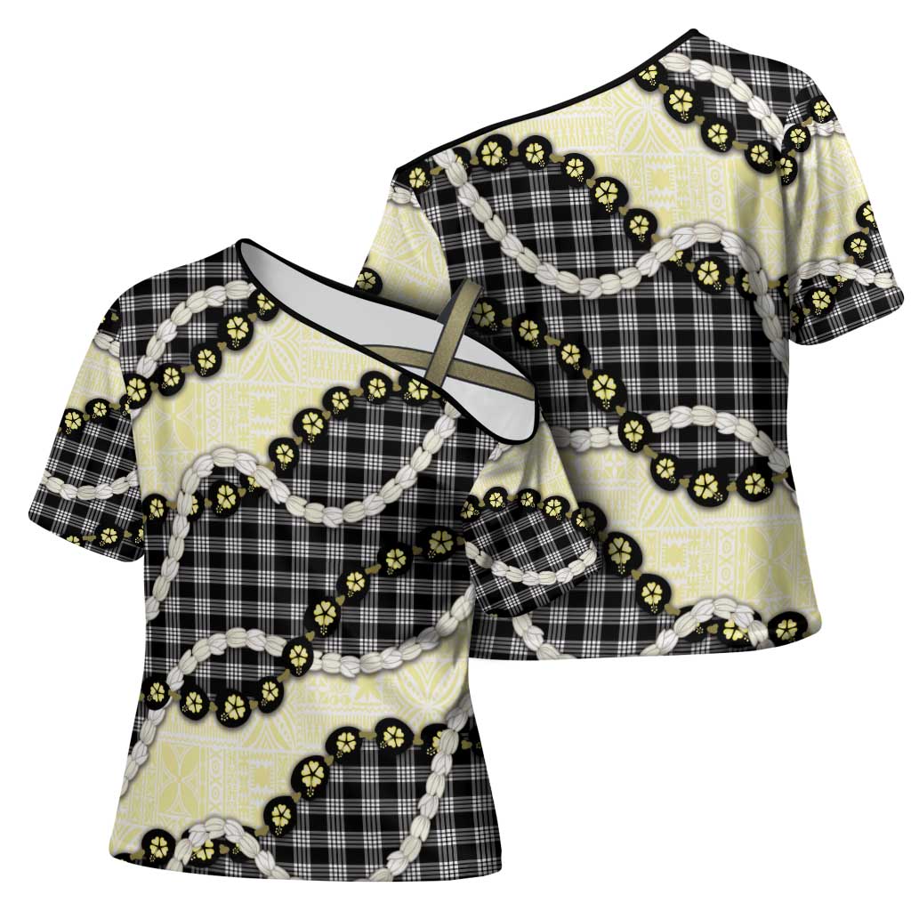 Black Palaka Hawaii Cross Shoulder Shirt Kukui Nut Pikake Lei Hawaiian Tapa Pattern - Polynesian Pride