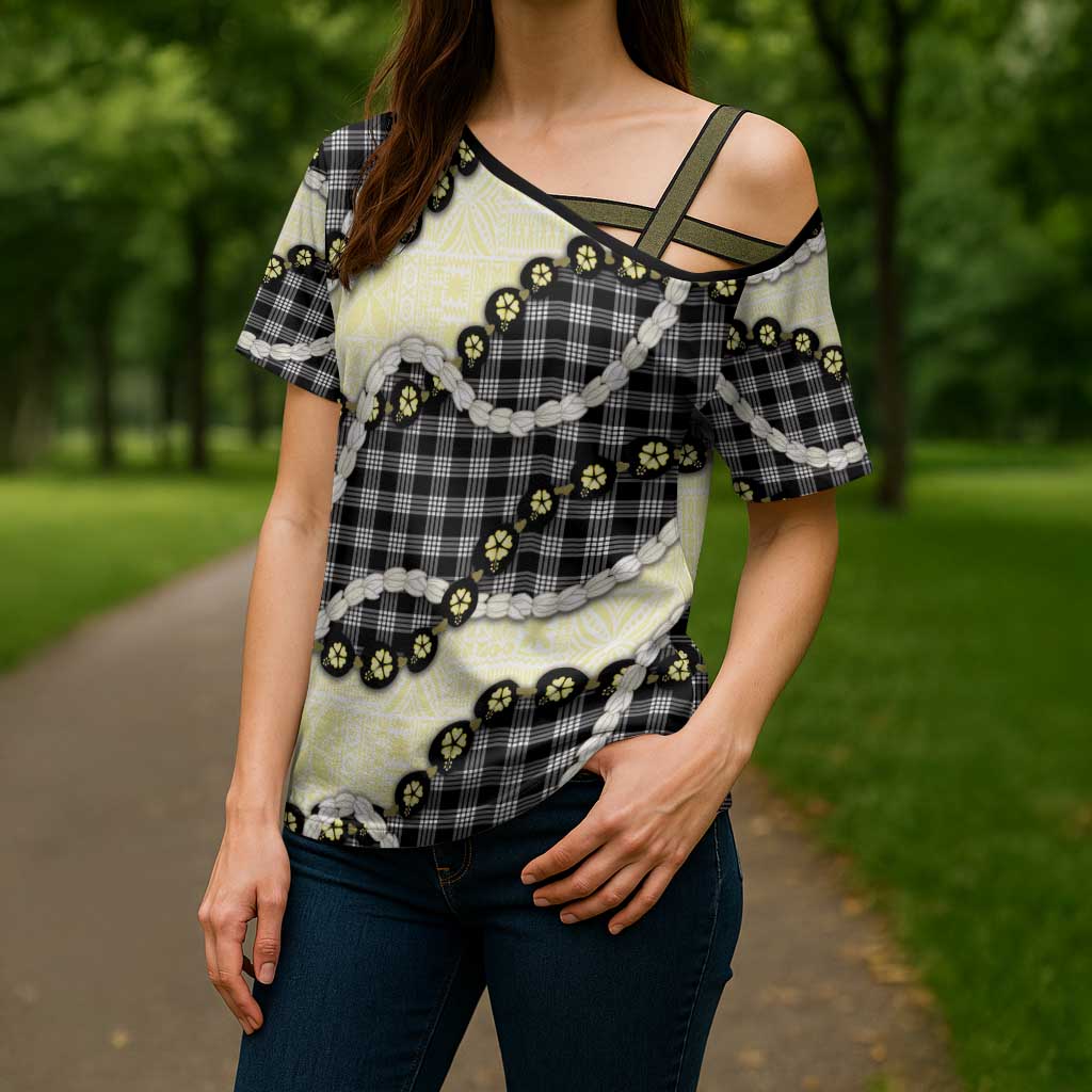 Black Palaka Hawaii Cross Shoulder Shirt Kukui Nut Pikake Lei Hawaiian Tapa Pattern - Polynesian Pride