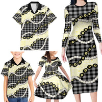 Black Palaka Hawaii Family Matching Long Sleeve Bodycon Dress and Hawaiian Shirt Kukui Nut Pikake Lei Hawaiian Tapa Pattern - Polynesian Pride