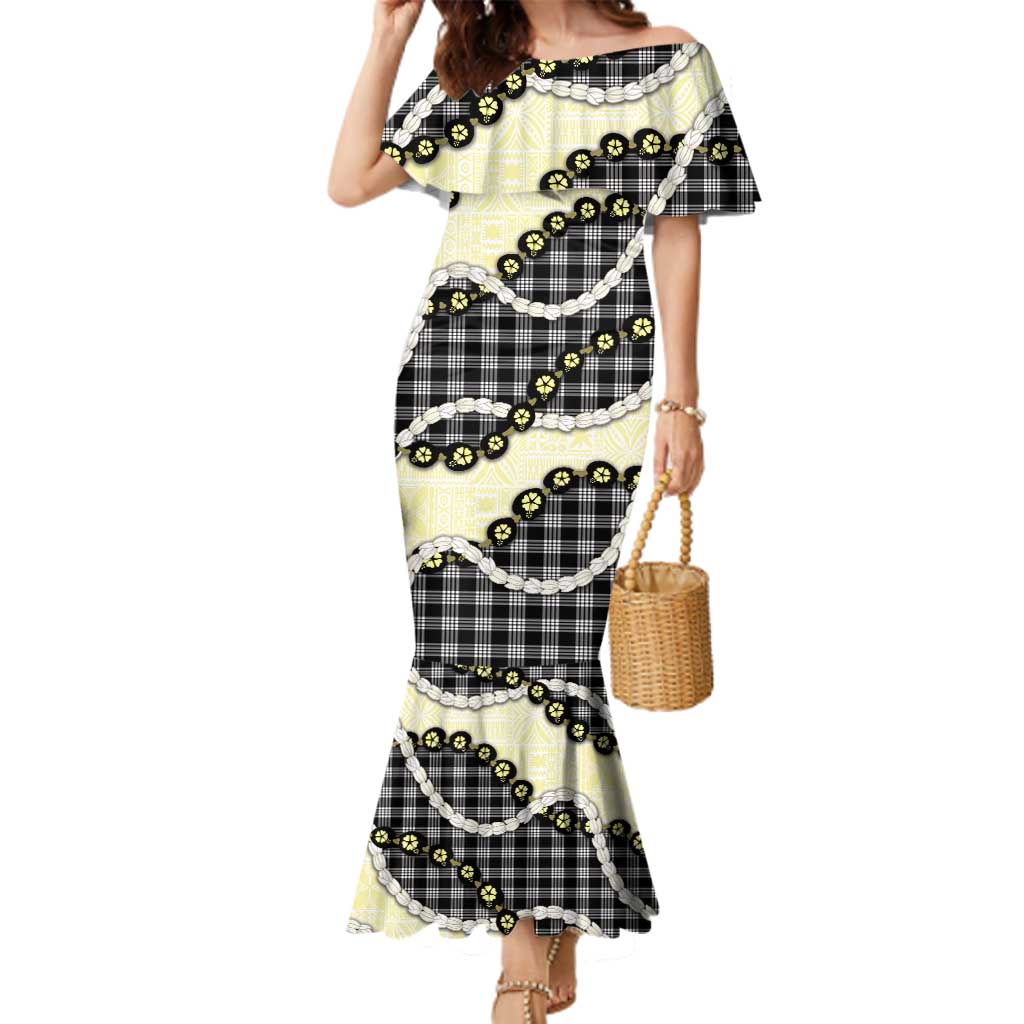 Black Palaka Hawaii Family Matching Mermaid Dress and Hawaiian Shirt Kukui Nut Pikake Lei Hawaiian Tapa Pattern - Polynesian Pride