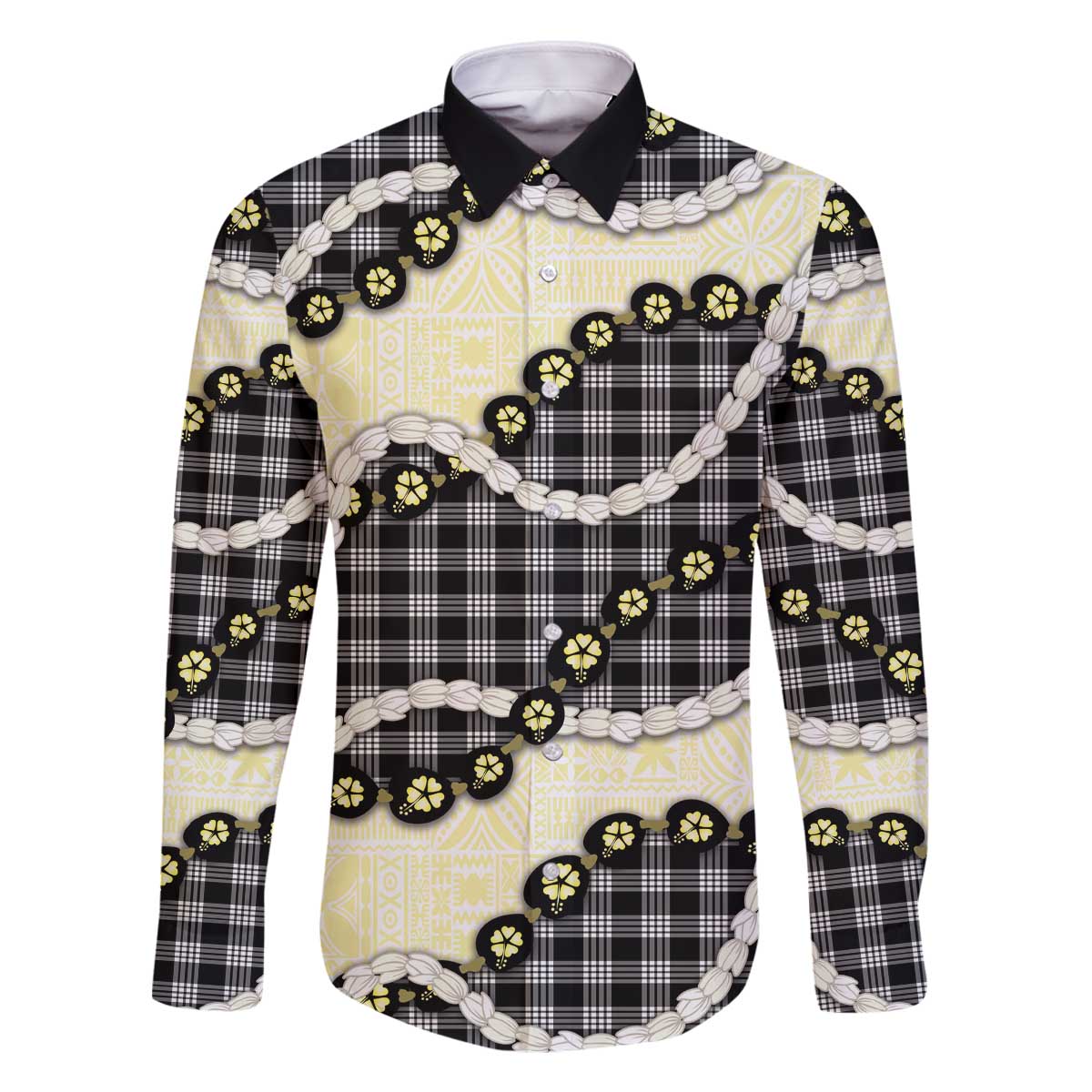 Black Palaka Hawaii Family Matching Off The Shoulder Long Sleeve Dress and Hawaiian Shirt Kukui Nut Pikake Lei Hawaiian Tapa Pattern - Polynesian Pride