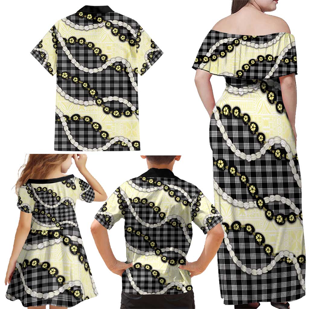 Black Palaka Hawaii Family Matching Off Shoulder Maxi Dress and Hawaiian Shirt Kukui Nut Pikake Lei Hawaiian Tapa Pattern - Polynesian Pride