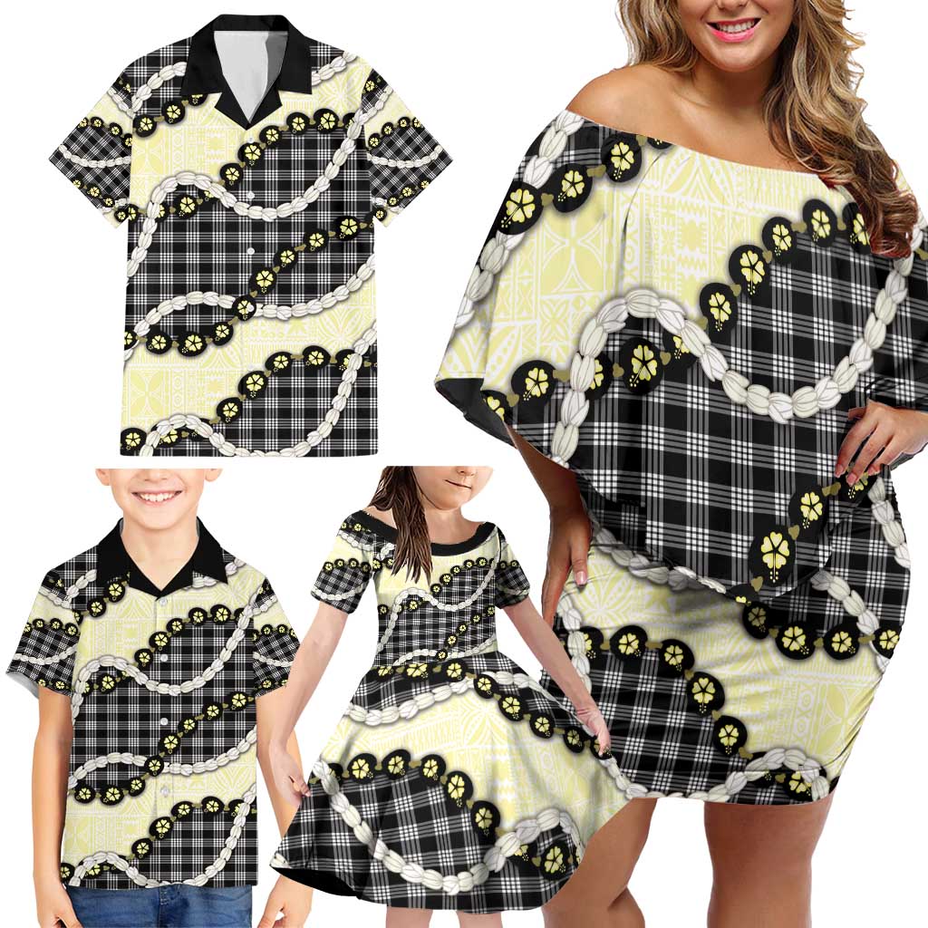 Black Palaka Hawaii Family Matching Off Shoulder Short Dress and Hawaiian Shirt Kukui Nut Pikake Lei Hawaiian Tapa Pattern - Polynesian Pride