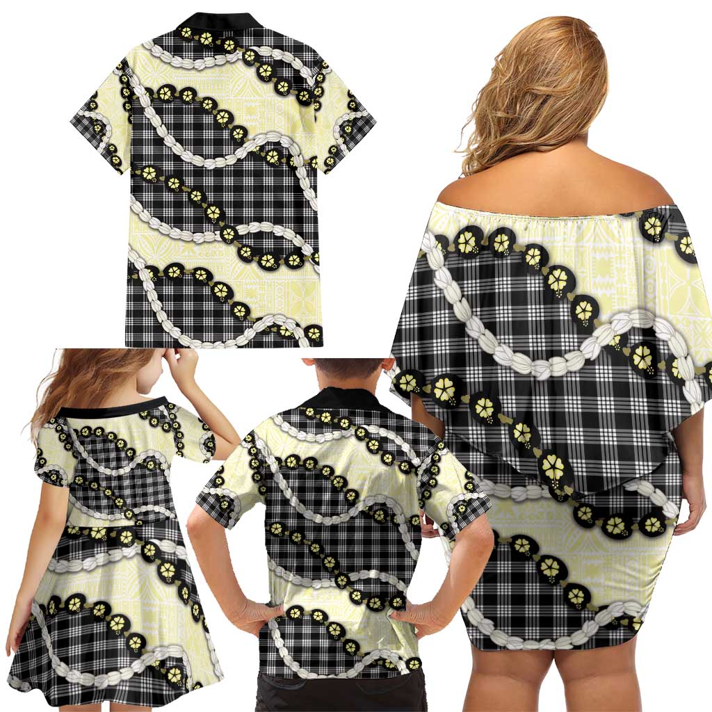 Black Palaka Hawaii Family Matching Off Shoulder Short Dress and Hawaiian Shirt Kukui Nut Pikake Lei Hawaiian Tapa Pattern - Polynesian Pride
