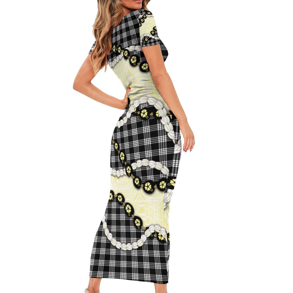 Black Palaka Hawaii Family Matching Short Sleeve Bodycon Dress and Hawaiian Shirt Kukui Nut Pikake Lei Hawaiian Tapa Pattern - Polynesian Pride