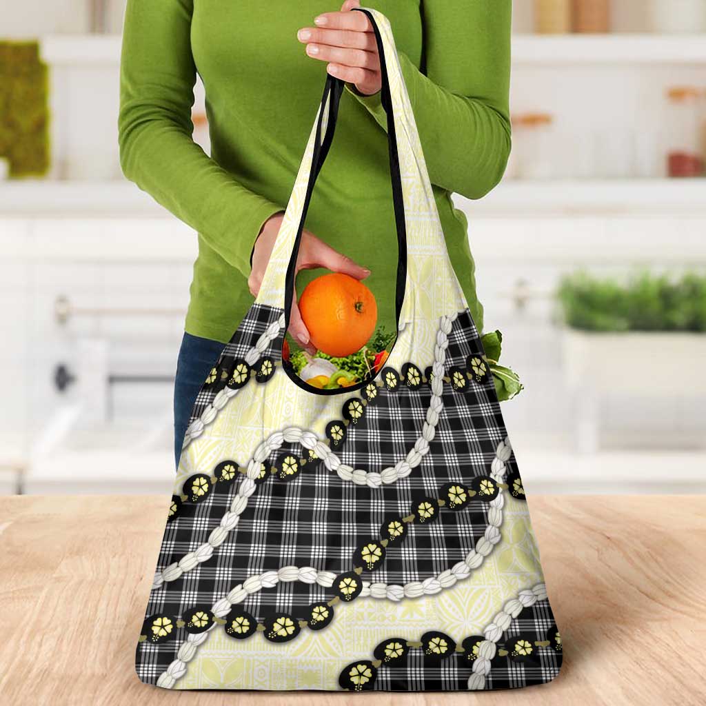 Black Palaka Hawaii Grocery Bag Kukui Nut Pikake Lei Hawaiian Tapa Pattern - Polynesian Pride